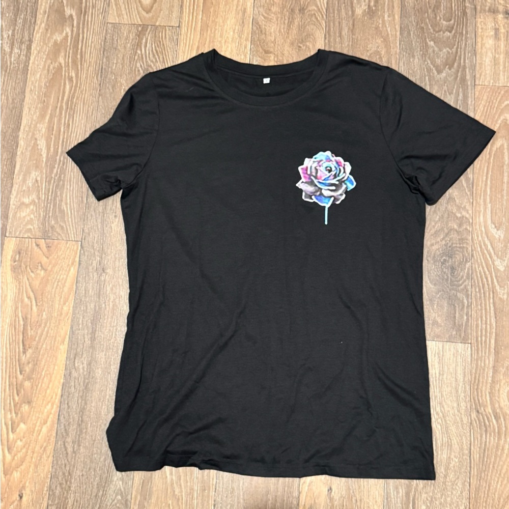 Black Short Sleeve Tee with Multicolor Rose Graphic